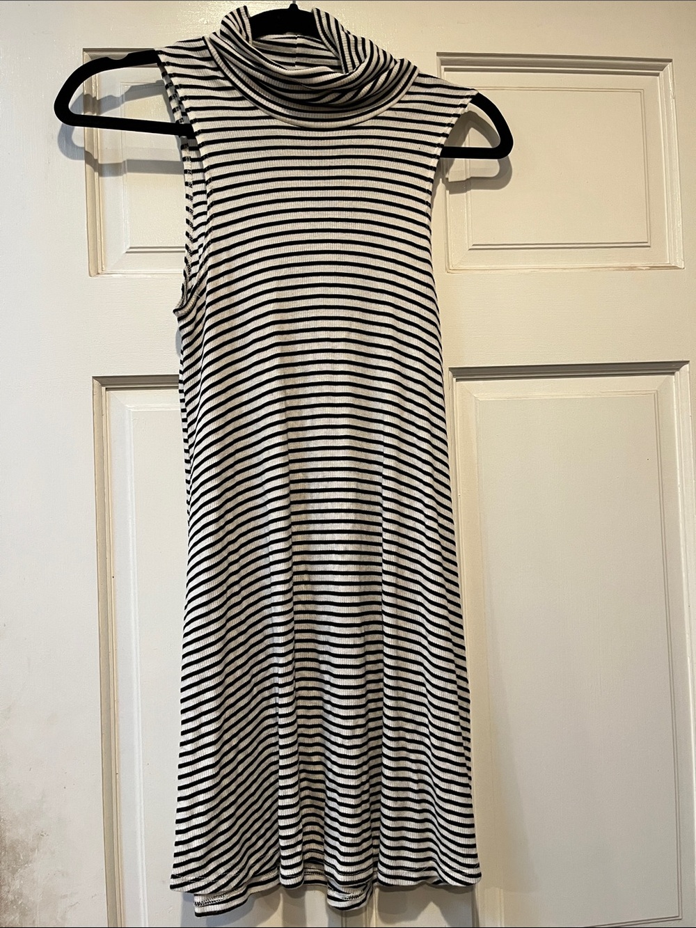 Sleeveless Black and White Striped Turtleneck Dress